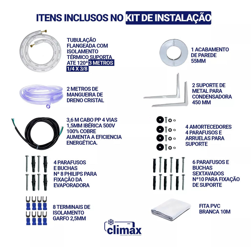 Kit Instalação Ar Inverter 9000/12000 Btus 3m Com Suporte